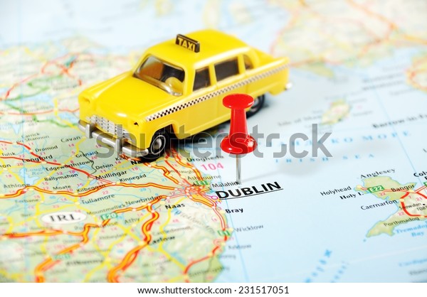 Dublin Ireland  ,United Kingdom  map taxi  car  
and  pin - Travel
concept