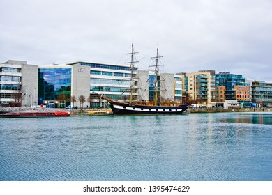 Dublin, Leinster/Ireland - 11/13/2018: Jeanie Johnston Tall Ship & Famine Museum And Scenic Skyline Of North Quay Over Liffey River