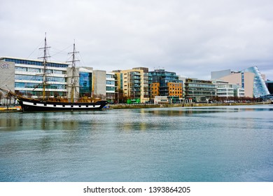 Dublin, Leinster/Ireland - 11/13/2018: Panoramic Cityscape Of North Quay And Jeanie Johnston Tall Ship & Famine Museum Over Liffey River