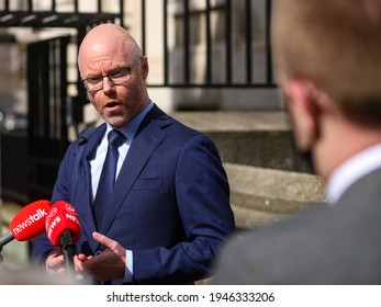 Dublin, March 30, 2021 - Irish Minister For Health Stephen Donnelly Speaks To The Media As He Arrives At Government Buildings In Dublin.