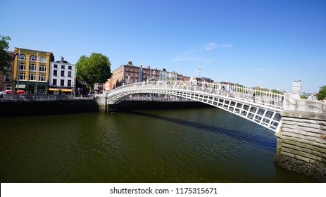 Dublin, panoramic image of Half penny bridge, or Ha'penny bridge, on a bright day
