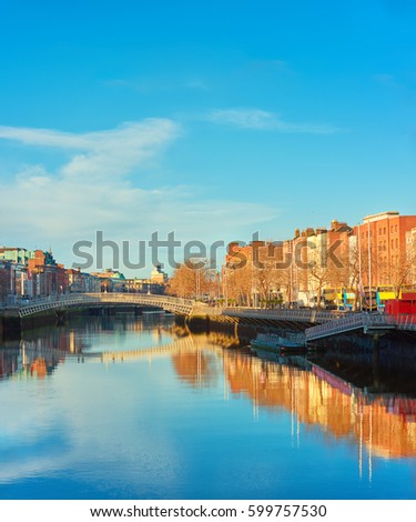 Dublin, panoramic image of Half penny bridge, or Ha'penny bridge, on a bright day, space for your text