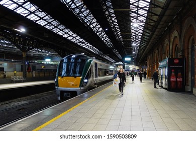 DUBLIN, REPUBLIC OF IRELAND - NOVEMBER 29, 2019: Platform View At Connolly Railway Station In Dublin, Republic Of Ireland