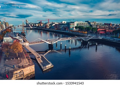 Dublin,Ireland, October 6 -2019.Aerial Dublin city view over Liffey River .Samuel Beckt and Sean O' Casey Bridge