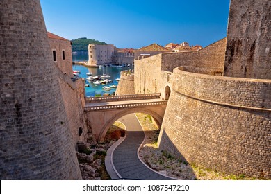 Dubrovnik City Walls And Harbor View, UNESCO World Heritage Site In Dalmatia, Croatia