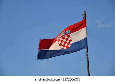 DUBROVNIK, CROATIA - 09.28.2021: Beautiful national Croatian flag on flagpole