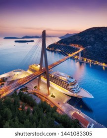 Dubrovnik, Croatia. Aerial View At The Cruise Ship During Sunset. Adventure And Travel.  Landscape With Cruise Liner On Adriatic Sea. Luxury Cruise. Travel - Image