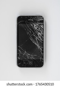 Dubrovnik, Croatia - June 28, 2020: An Old IPhone 3gs With Broken Screen And Shattered Glass Isolated On A White Background