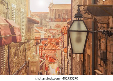 Dubrovnik old city street view, Croatia, warm filter, lens flare