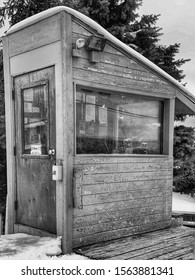 DUBUQUE, IOWA, 11/18/19--Black And White Closeup Of Chair Lift Operator Shed At Sundown Mountain Ski Resort.