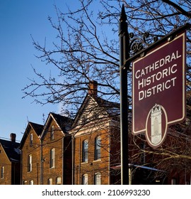 DUBUQUE, IOWA, January 15, 2022–Cityscape Photo Of Historic Row Houses In Historic Preservation District On Sunny Winter Day.