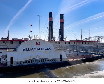 DUBUQUE, IOWA, March 15, 2022--Landscape Photo Of Wm M Black Steamboat At The Port Of Dubuque On Sunny Day.