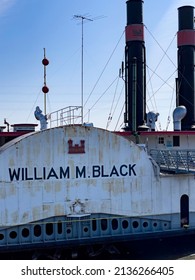 DUBUQUE, IOWA, March 15, 2022--Landscape Photo Of Wm M Black Steamboat At The Port Of Dubuque On Sunny Day.