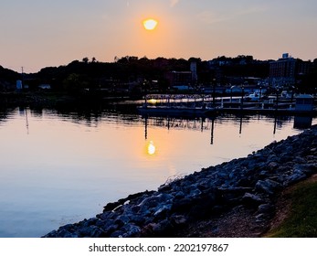 DUBUQUE, IOWA, September 14, 2022–Landscape Photo Of Ice Harbor At Sunset In Port Of Dubuque.