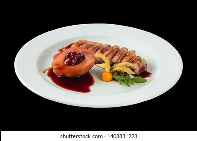 Duck fillet with cherry sauce and stewed pear on png or transparent background