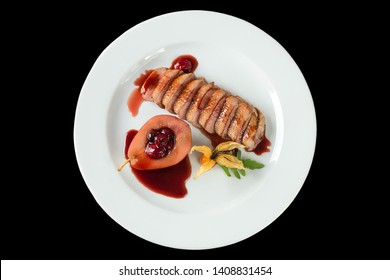 Duck fillet with cherry sauce and stewed pear on png or transparent background