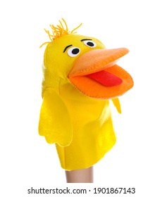 Duck Puppet For Show On Hand Against White Background