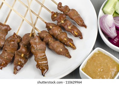 Duck Satay served with peanut sauce dip, red onions and cucumber. Close up.