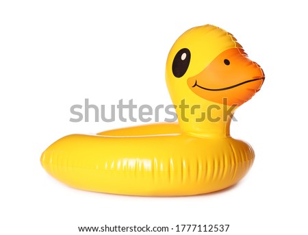Duck shaped inflatable ring isolated on white. Beach accessory