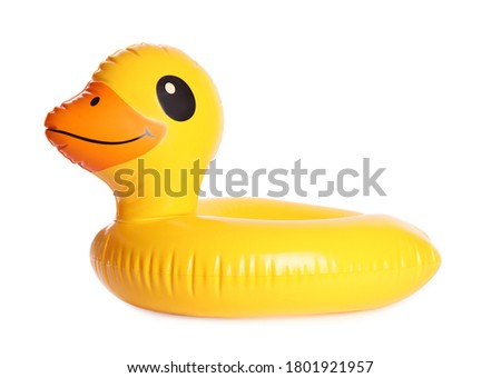 Duck shaped inflatable ring isolated on white. Beach accessory