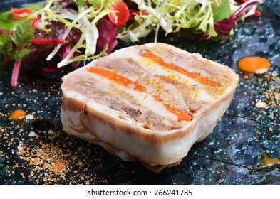 Duck Terrine With Salad On Dark Slate 