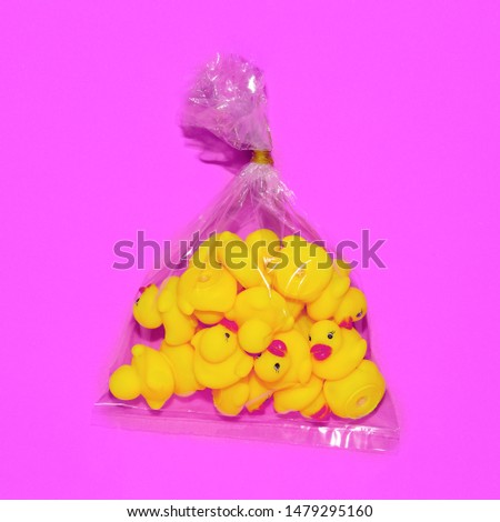 Ducks in a plastic bag. Plastic problem in the world concept