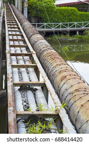 Duct Bank Old Water Pipe Line Beside The Concrete Bridge,THAILAND.
