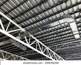 Duct Installation And Wiring Work Below Metal Sheet Roof , MEP Work At Construction Site, Retail.