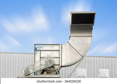 Duct Part Of Industrial And Factory Ventilation System On Roof Building With Fan Inside. Also Used In Heating And Air Conditioning (HVAC) To  Remove Or Control Air And Smoke Made From Galvanized Steel