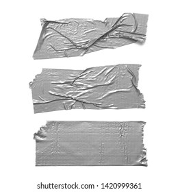 Duct tape pieces isolated on white background. Set of torn wrinkled silver grey adhesive tapes.