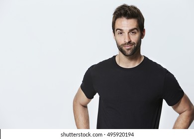 Dude In Black T-shirt Against White Background