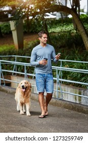 Dude Walking The Dog And Checking Phone