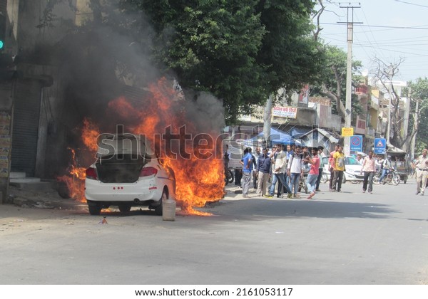 Due to the scorching heat in Millennium City\
Gurgaon, vehicles caught fire on different roads. gurgaon, india.\
March 03, 2018.