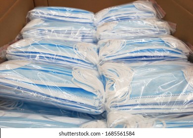 Due To The Shortage Of Medical Supplies Due To The COVID-19 Coronavirus Epidemic, Boxes Of Medical Masks Were Packed In Boxes, Ready To Be Shipped To Hospitals For Use By Frontline Doctors.