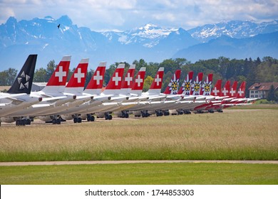 DUEBENDORF, SWITZERLAND - May 24: Swiss Airlines Planes Grounded On The Military Airfield On May 24, 2020 In Duebendorf. Due To Coronavirus (COVID-19) Outbreak Airlines Are Canceling Most Of Flights.