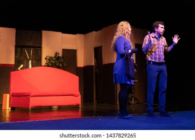 Duet Actor And Actress Play A Romantic Comedy, A Show Performance On The Theater Stage