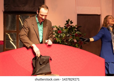 Duet Actor And Actress Play A Romantic Comedy, A Show Performance On The Theater Stage