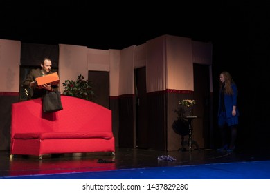 Duet Actor And Actress Play A Romantic Comedy, A Show Performance On The Theater Stage