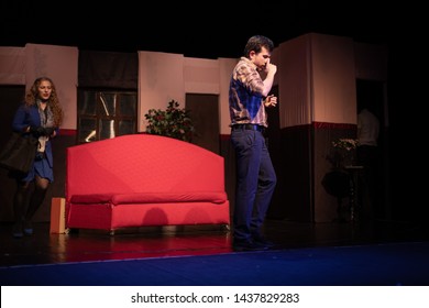 Duet Actor And Actress Play A Romantic Comedy, A Show Performance On The Theater Stage