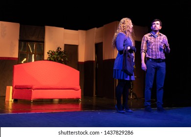 Duet Actor And Actress Play A Romantic Comedy, A Show Performance On The Theater Stage