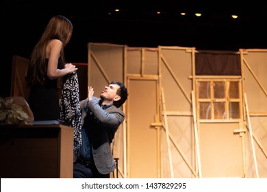 Duet Actor And Actress Play A Romantic Comedy, A Show Performance On The Theater Stage