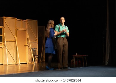 Duet Actor And Actress Play A Romantic Comedy, A Show Performance On The Theater Stage