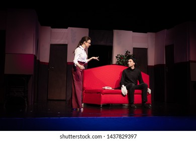 Duet Actor And Actress Play A Romantic Comedy, A Show Performance On The Theater Stage