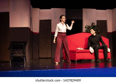 Duet Actor And Actress Play A Romantic Comedy, A Show Performance On The Theater Stage