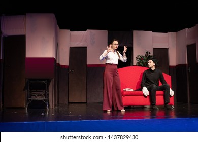 Duet Actor And Actress Play A Romantic Comedy, A Show Performance On The Theater Stage