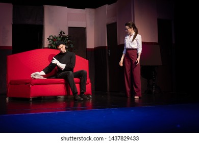 Duet Actor And Actress Play A Romantic Comedy, A Show Performance On The Theater Stage