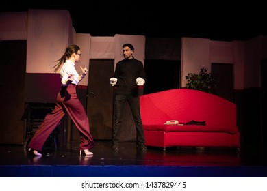 Duet Actor And Actress Play A Romantic Comedy, A Show Performance On The Theater Stage