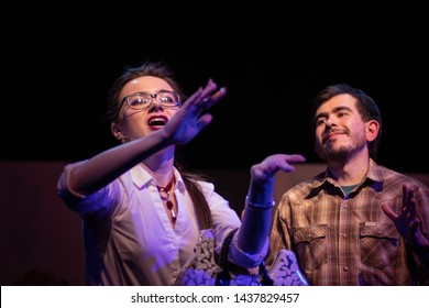 Duet Actor And Actress Play A Romantic Comedy, A Show Performance On The Theater Stage