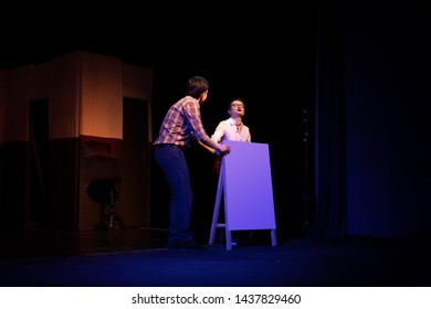 Duet Actor And Actress Play A Romantic Comedy, A Show Performance On The Theater Stage