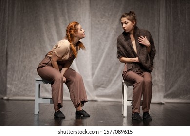 The Duet Of The Actress Girl Plays A Modern Lyrical Performance Of The Show On The Stage Of The Theater